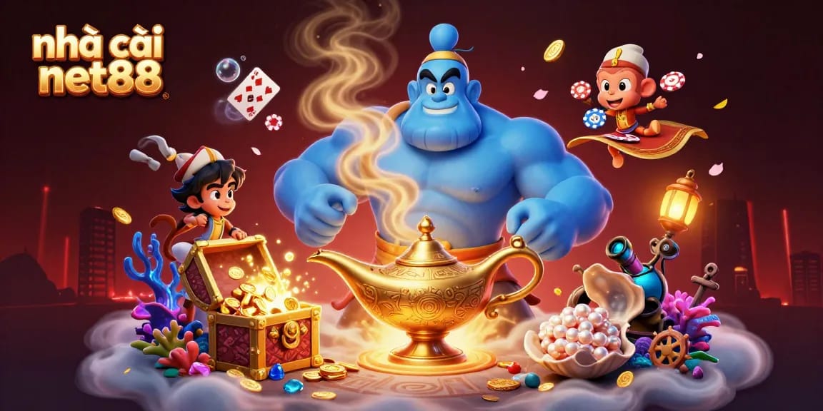 Engage with nhà cái net88 through a vibrant casino-themed adventure featuring a genie, monkey, and poker chips.