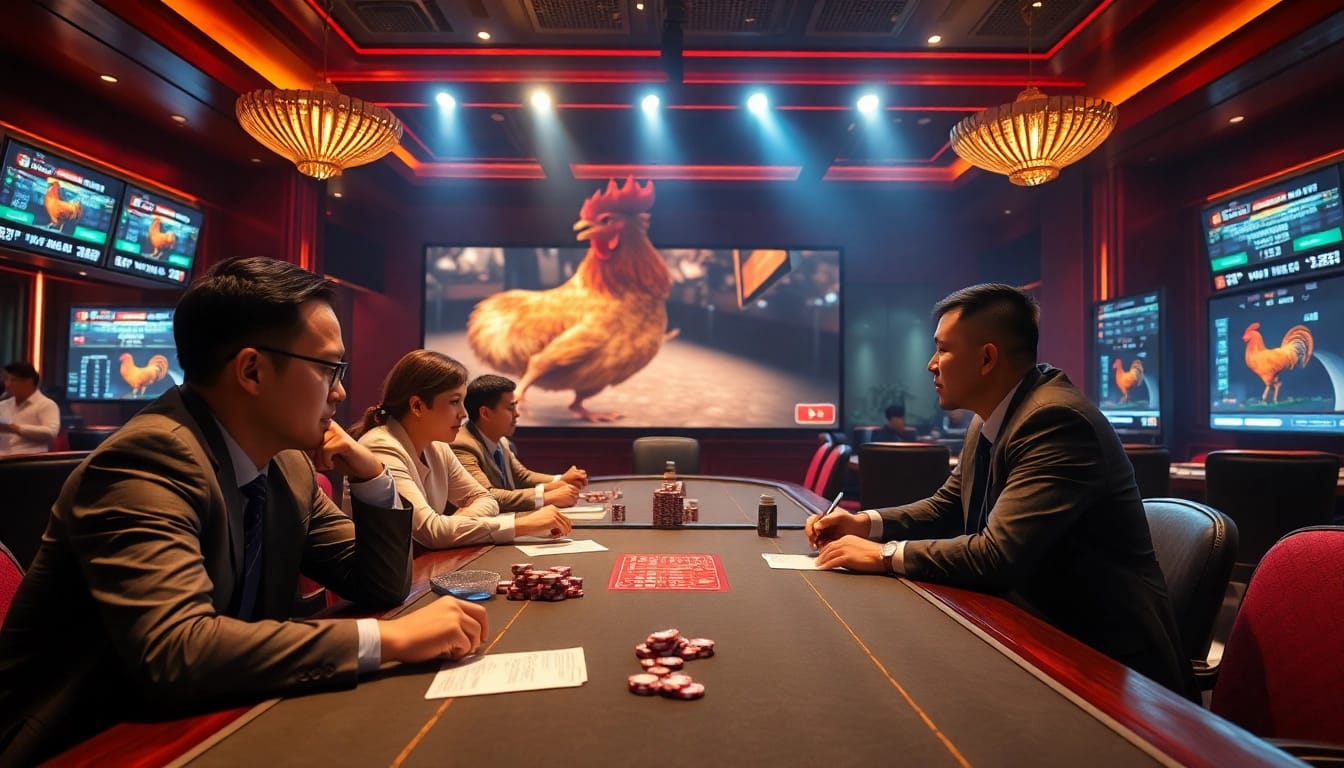 Engaging scene of live betting on đá gà trực tiếp with bettors placing wagers at a luxurious casino.