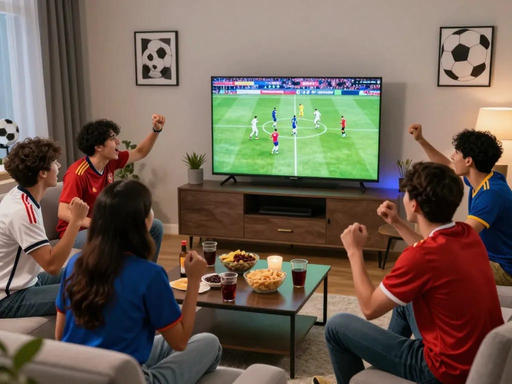 Friends enjoying ดูบอล together in a lively living room filled with snacks and excitement.