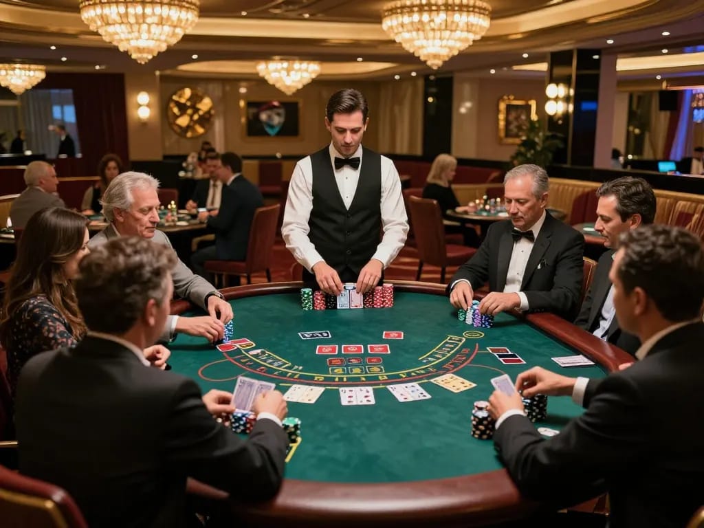 Engaging with da88 strategies at a high-stakes blackjack table in a vibrant casino atmosphere.