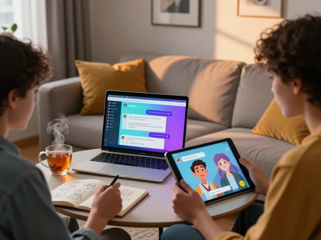 Engaging AI NSFW chat scene featuring users interacting with digital avatars in a cozy environment.