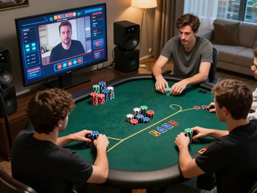 Engaged manclub players enjoying an online poker game with colorful chips and focused gameplay.