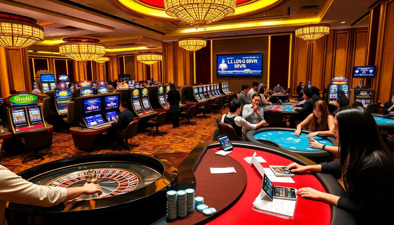 Engaging scene of Lô đề 69VN players placing bets at luxurious casino tables, highlighting excitement and strategy.