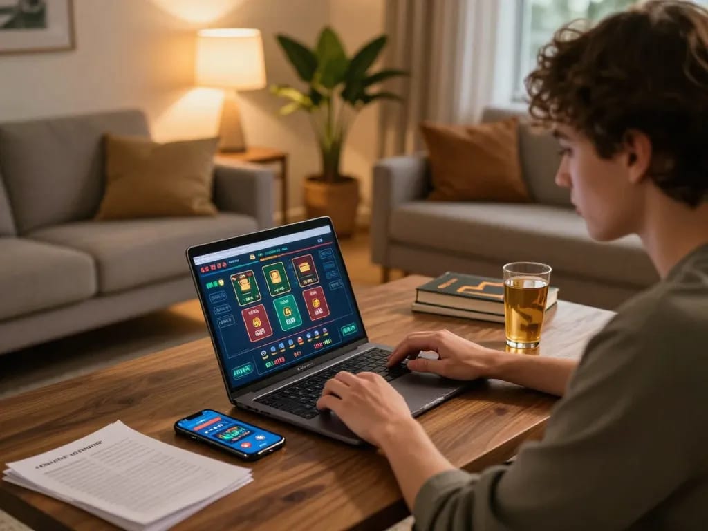 Player engaging with 789bet games on laptop in a cozy home setup, showcasing strategic gameplay.