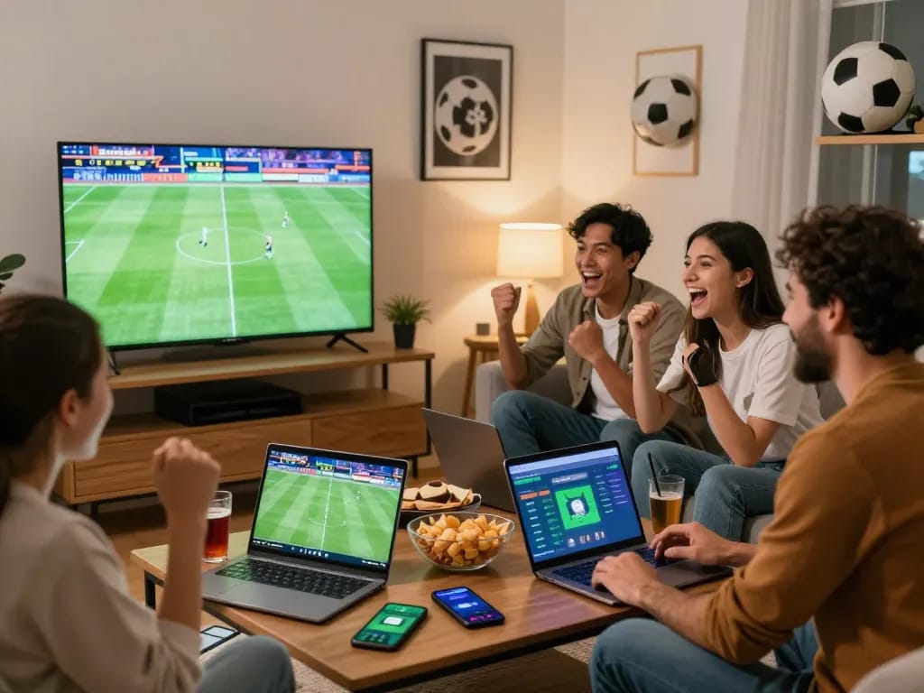 Friends celebrating a win with fabet's online betting apps in a lively living room.