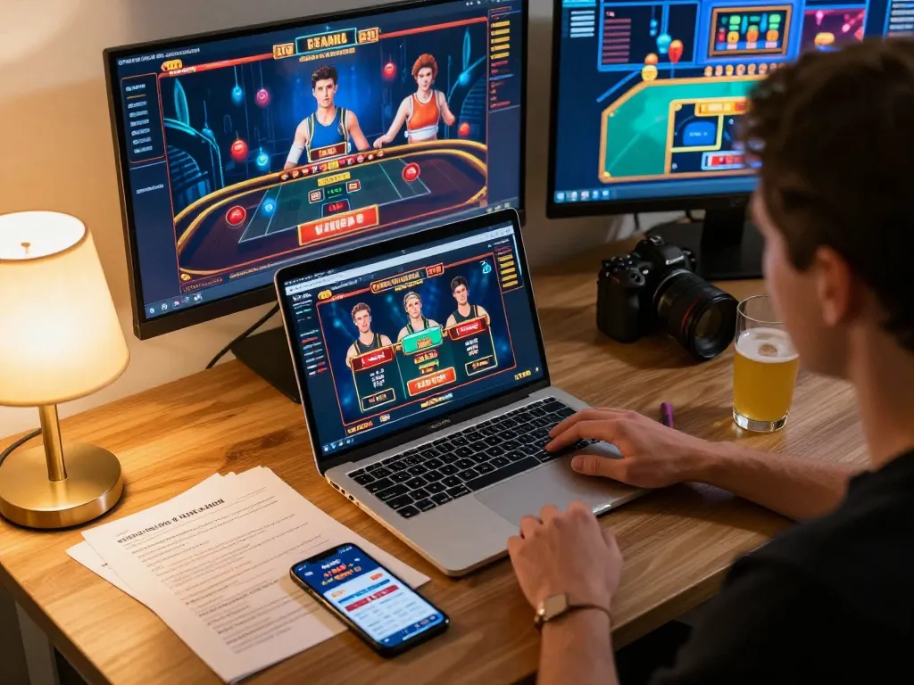 CM88 player strategizing for online casino success in a cozy home setup with multiple screens.