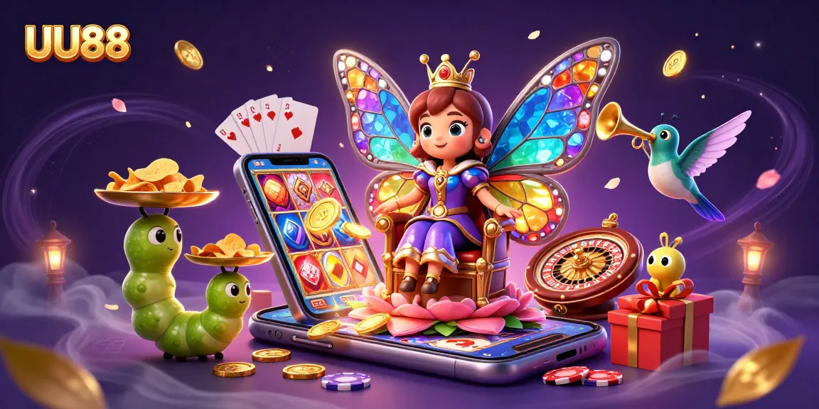 UU88 showcases a vibrant casino scene with a butterfly queen, colorful slot games, and luminous elements.