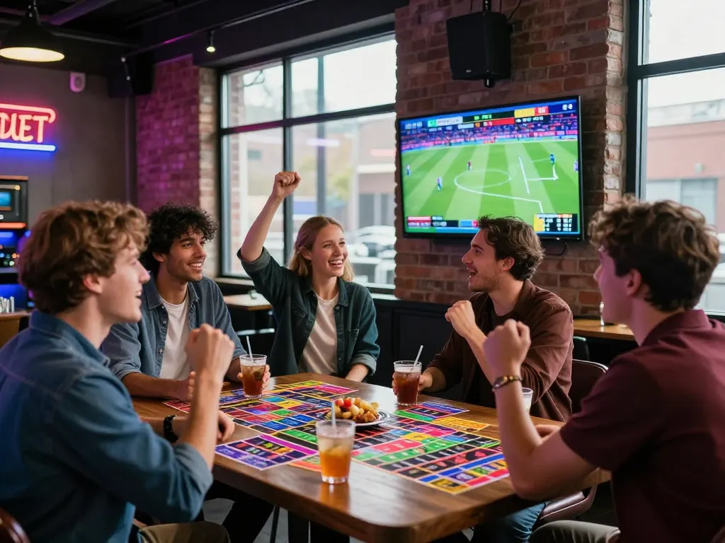 Exciting sportsbook scene showing friends engaging with debet betting during a live sports event