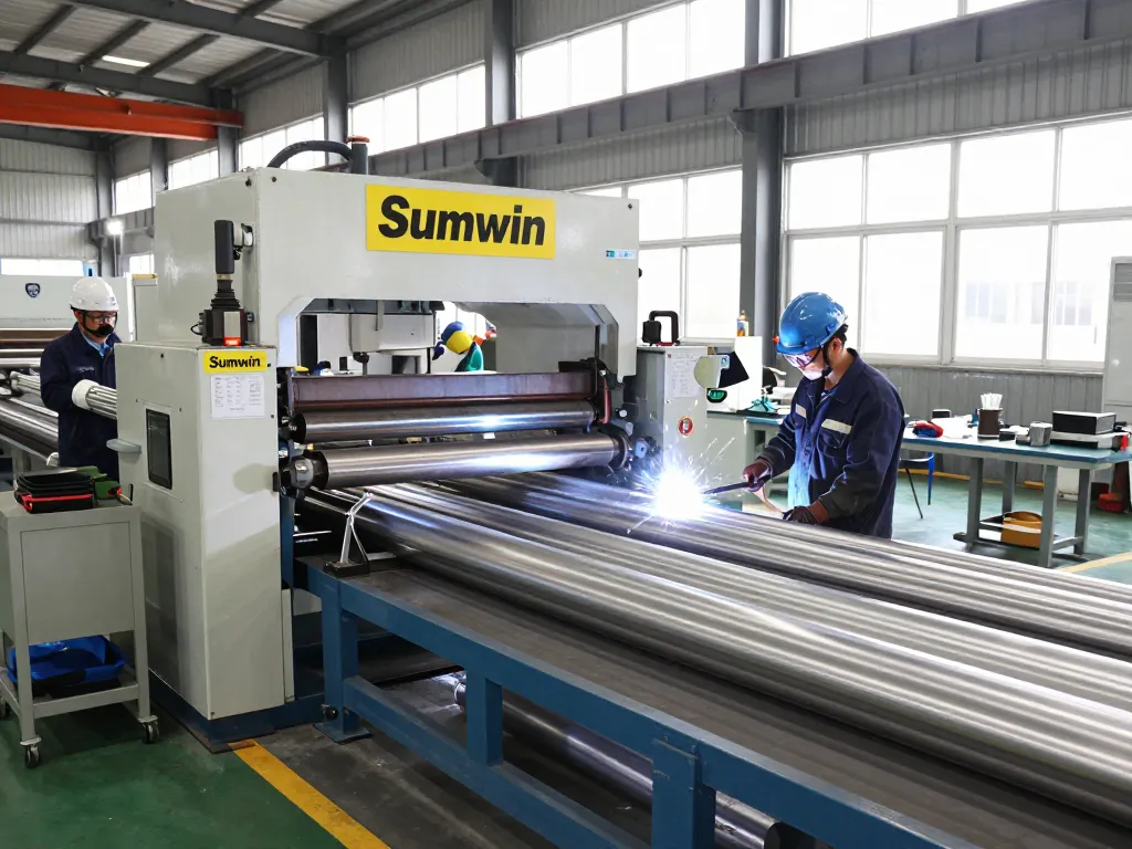 Sumwin stainless steel production showcasing workers and machines in a vibrant industrial setting.