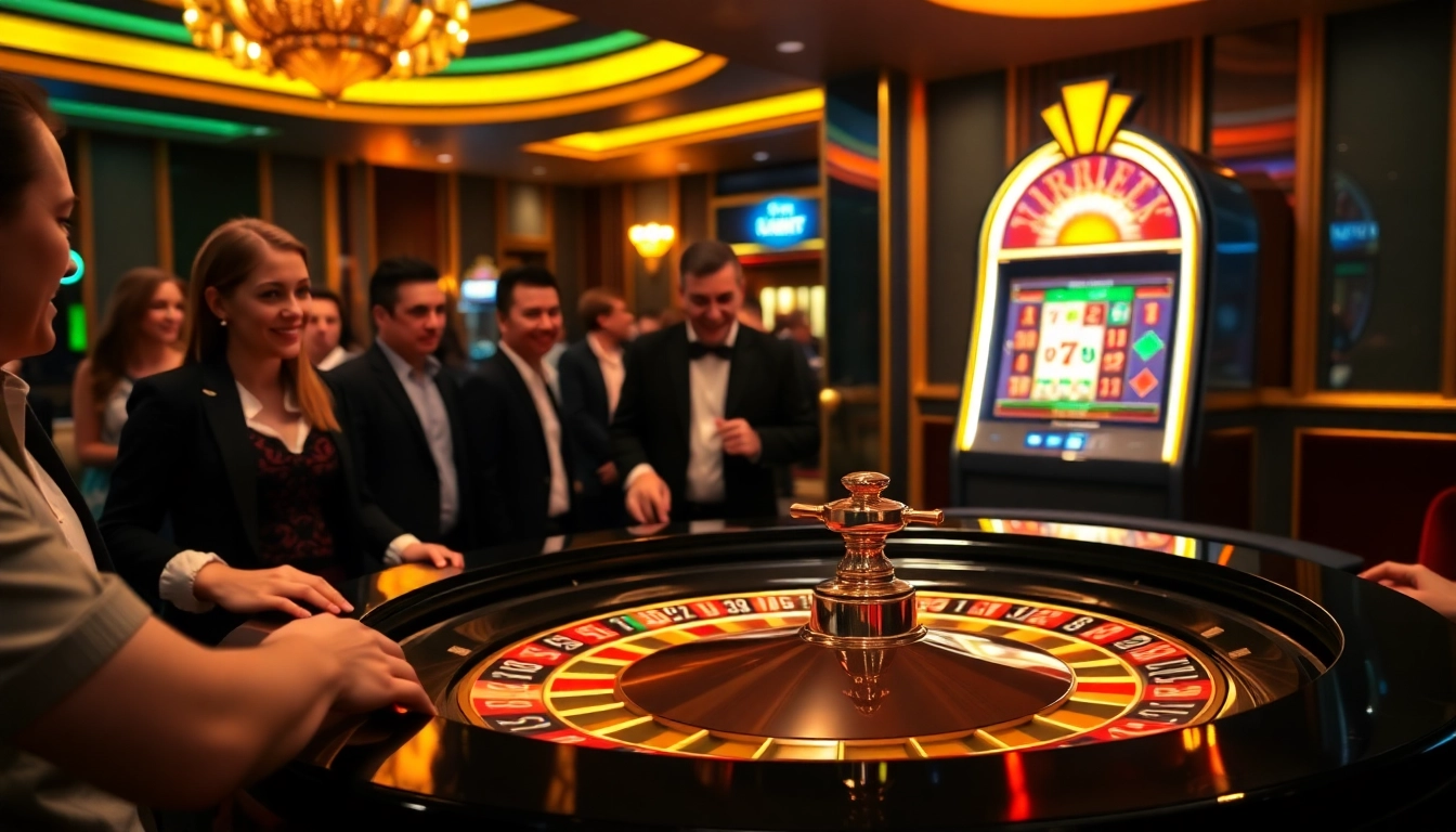 Thabet77 players enjoying the thrill of a roulette table in a luxurious casino setting.