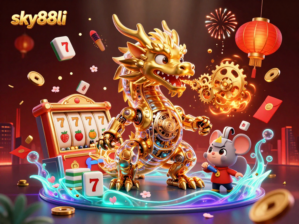 Win big at sky88li with an exciting 3D golden dragon breathing gears and slot reels!