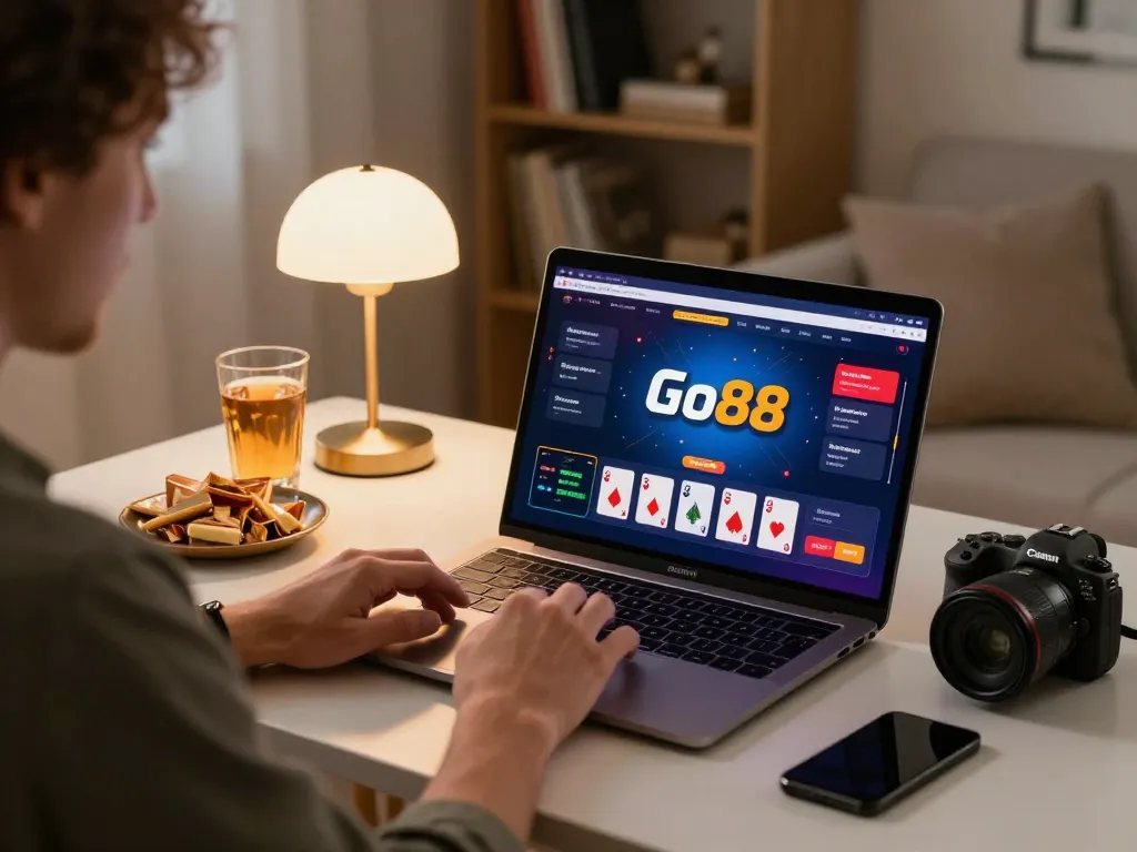 Engaged player enjoying Go88 poker game on laptop in stylish home gaming setup.