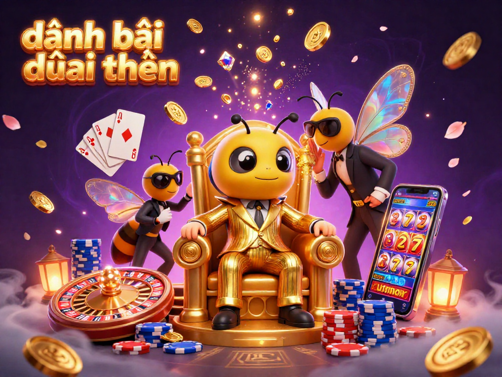 Engage in đánh bài đổi thưởng with a vibrant casino scene featuring a bumblebee mob boss and treasures.