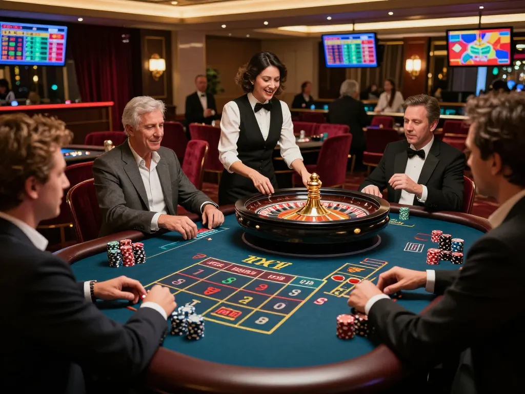 Players placing bets at a roulette table in an elegant FC88 casino setting, capturing excitement and strategy.