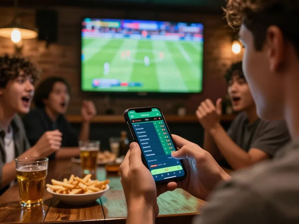 Engaging in trực tiếp đá bóng betting action on smartphone while watching a live match, creating an exciting atmosphere.