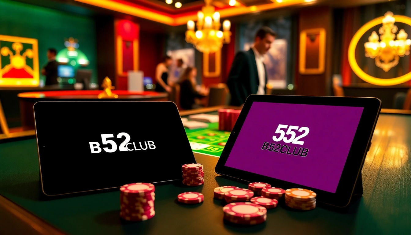 B52CLUB players engaging in high-stakes gaming at a luxurious casino table filled with cards and chips.