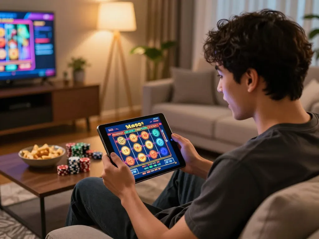 Engaging online gaming moment with Me99 app displayed on tablet in a cozy living room setup
