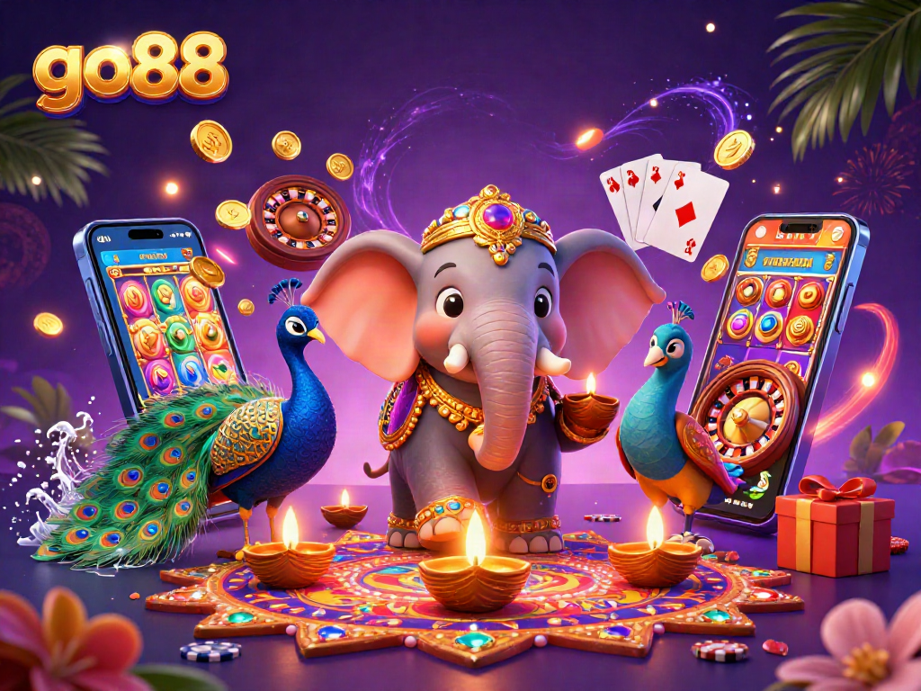 Experience thrilling slots at go88 through a colorful and dynamic gaming illustration.