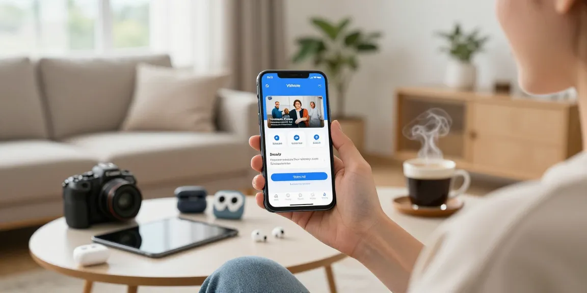 Engaged user exploring Vidmate APK on a smartphone for video downloads in a bright living room.
