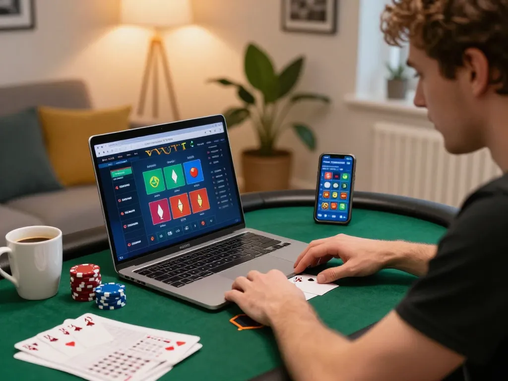 Engaged player strategizing on 789bet poker interface while enjoying the comforts of home