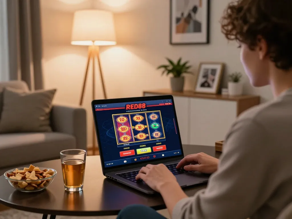Engaging online casino experience with RED88 gaming interface in a cozy home setting.