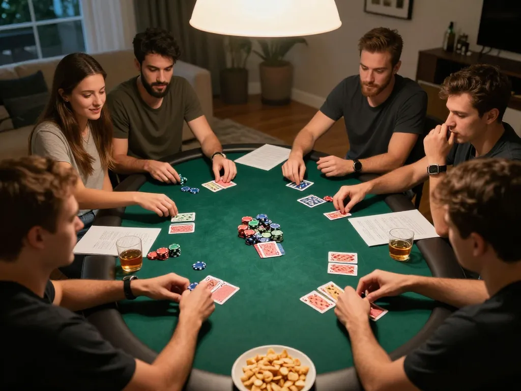 Friends enjoying a competitive poker night, chips in front of them, showcasing strategic gameplay with TOPBET.