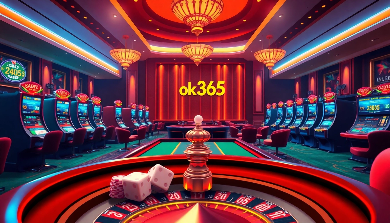 Join the excitement at ok365t.fit with a luxurious casino scene showcasing vibrant gaming tables and colorful slot machines.