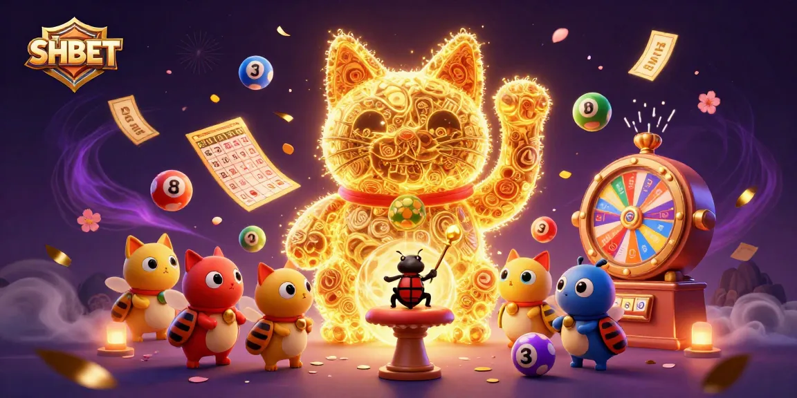 Engage with SHBET's vibrant gaming world, featuring a lucky cat made of fireflies amidst lottery balls and prizes.
