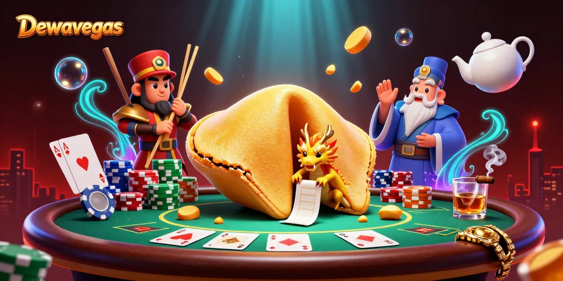 Dewavegas poker scene showcasing vibrant casino elements with a dragon and golden fortunes.