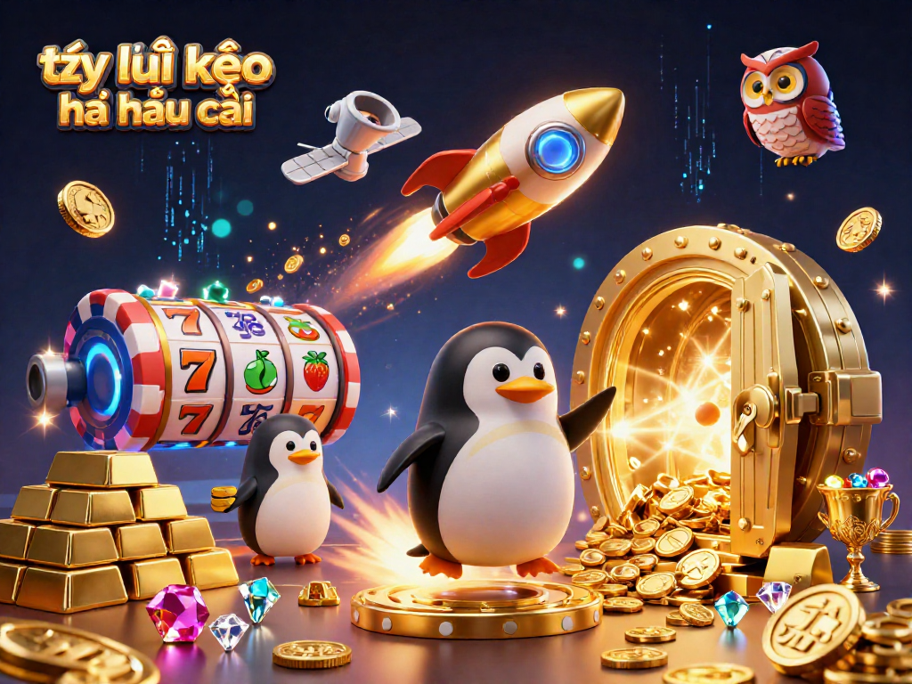 Win at tỷ lệ kèo nhà cái with a vibrant 3D illustration of a golden penguin and colorful casino elements.