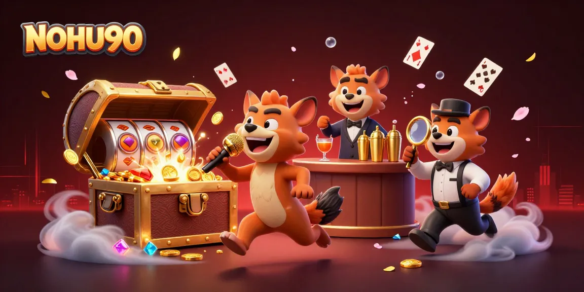 Experience thrilling gaming adventures at NOHU90 with lively casino illustrations featuring interactive characters.