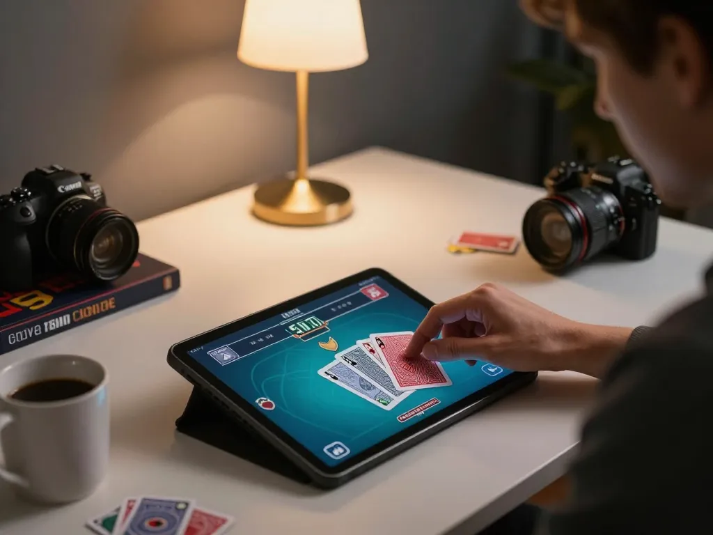Engaging user analyzing poker cards on tablet, enjoying iwin club gaming strategy at home.