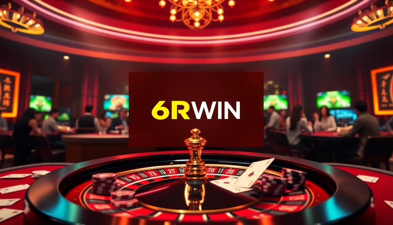 Experience thrilling online gambling with 6RWIN featuring roulette, poker chips, and a vibrant casino atmosphere.