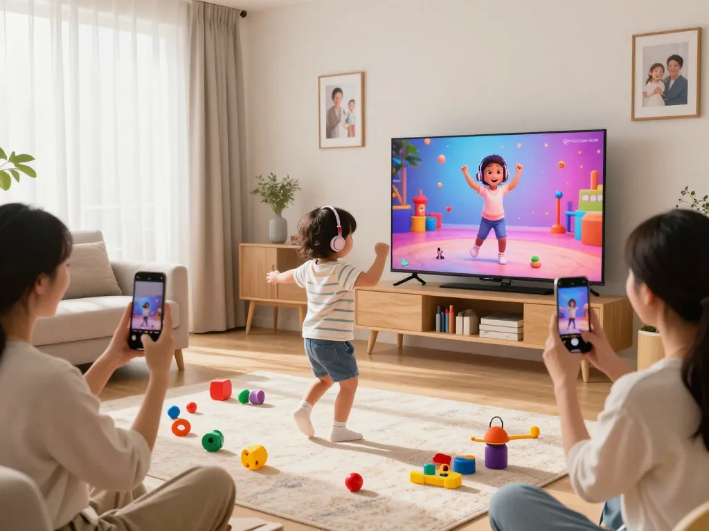 Dynamic toddler dancing from a kling ai dance video in a playful living room.
