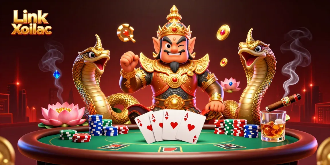 Experience thrilling poker action with Link Xoilac featuring vibrant characters and casino elements.