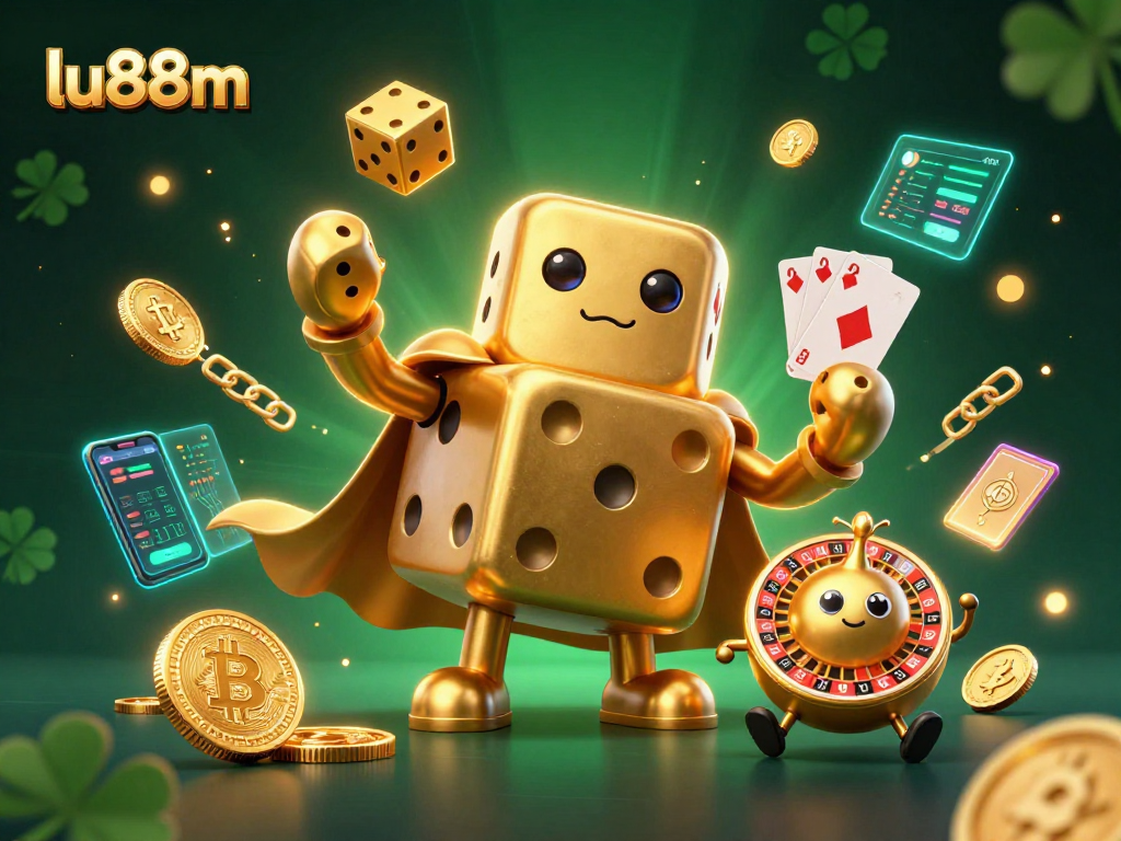 lu88m features a whimsical golden dice golem and crypto elements celebrating online gaming fun