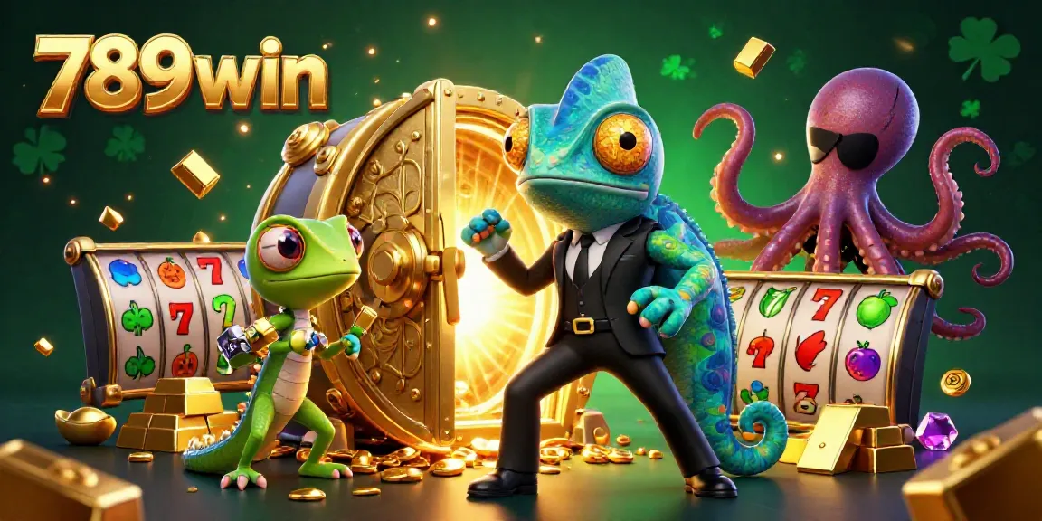 Experience thrilling gameplay with 789win's vibrant casino scene featuring colorful slot elements and the animated characters.