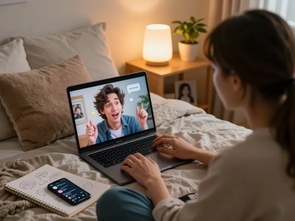 Engaging in AI chat porn in a cozy bedroom with vibrant virtual characters on a laptop screen.