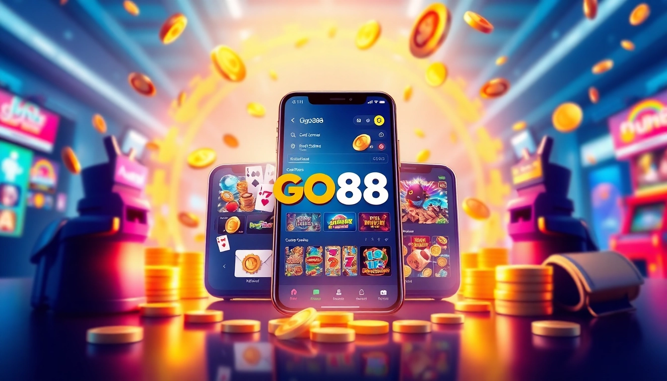 Explore the dynamic GO88 gaming platform with stunning visuals of games and rewards.
