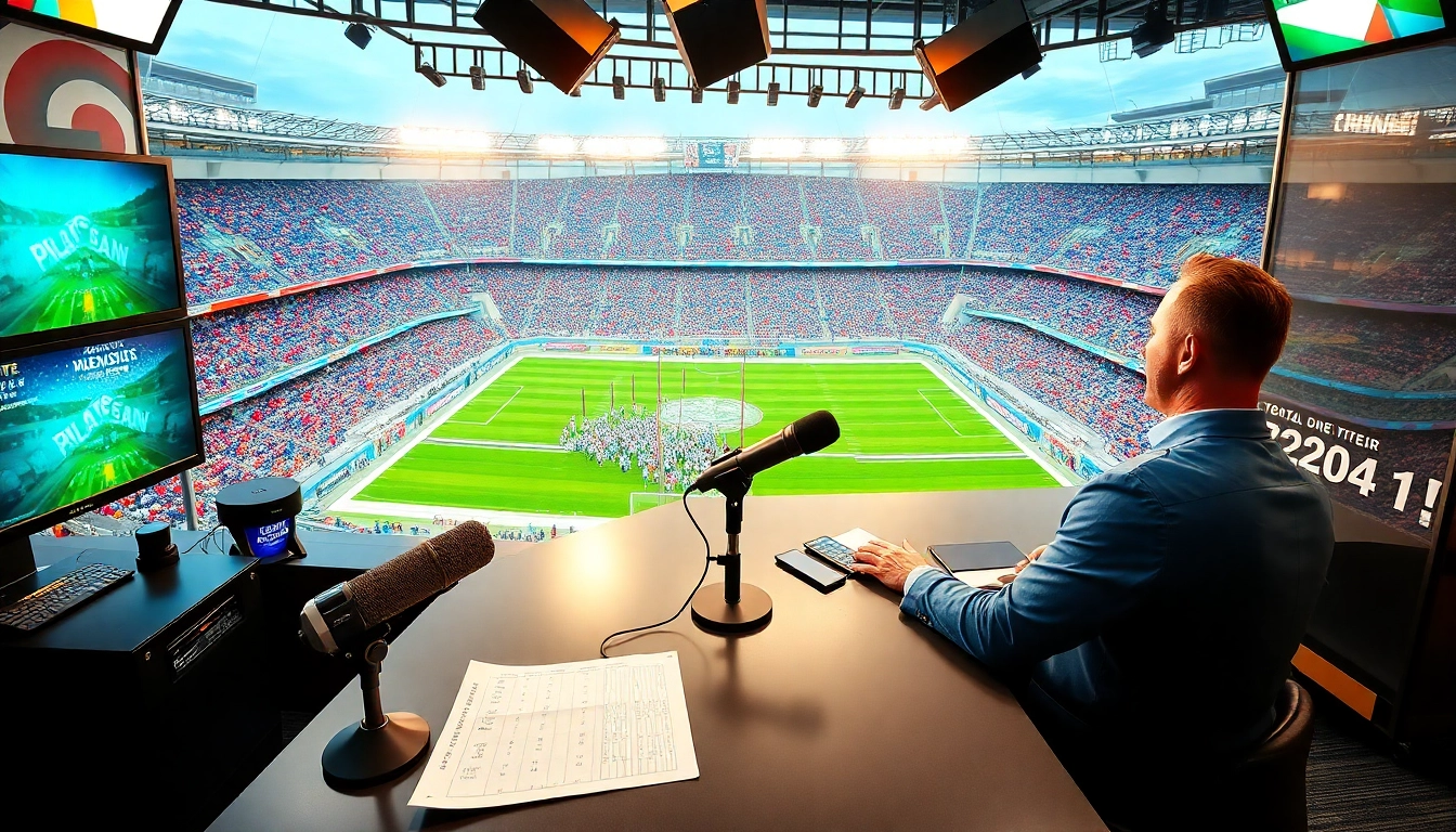 Engaging sports broadcasting setup showcasing an announcer with vibrant stadium background.