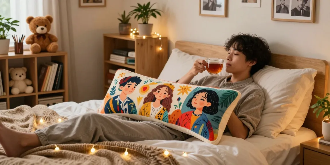 Custom body pillow enhancing a cozy bedroom, showcasing vibrantly personalized art and a relaxed atmosphere.