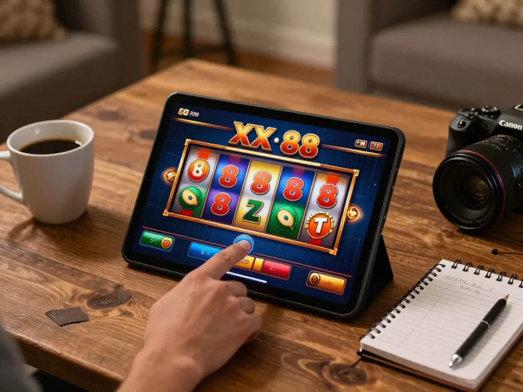 Player enjoying XX 88 online slot gaming, colorful reels spinning on tablet in cozy living room