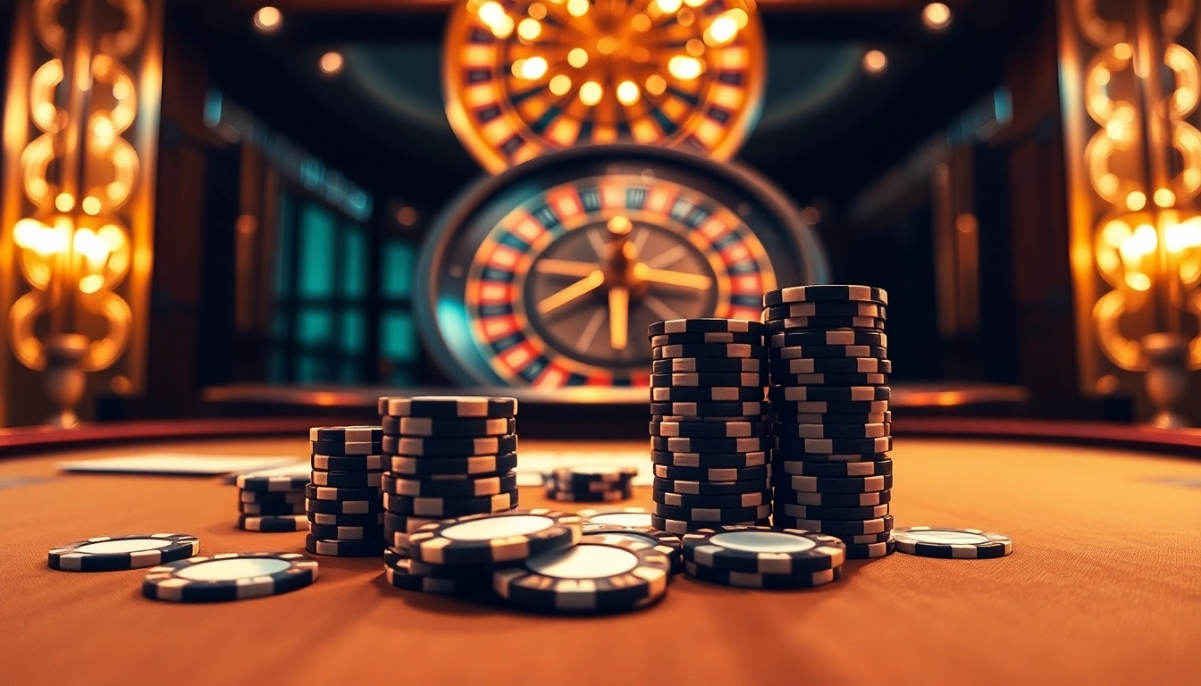 Experience the thrill of gaming with NK88 as vibrant poker chips shine on an elegant table.