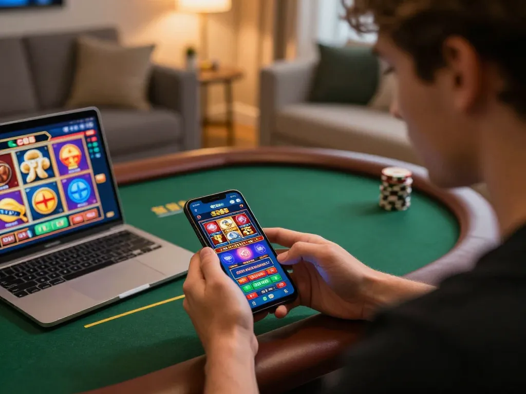 Player enjoying the SC88 casino app on a smartphone while strategizing online gambling.