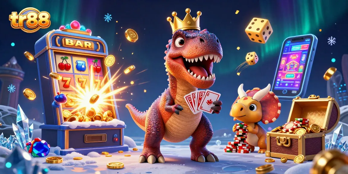tr88's vibrant online casino scene with a T-Rex card dealer, baby triceratops stacking chips, and jackpot elements.