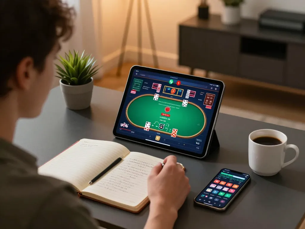 Engaging poker gameplay at home with NHÀ CÁI 88FC app visible on screen, showcasing strategic online gambling.