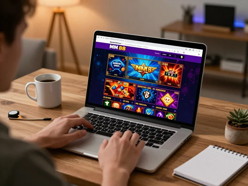 Engaged player using MM 88 online casino on laptop for strategic betting.