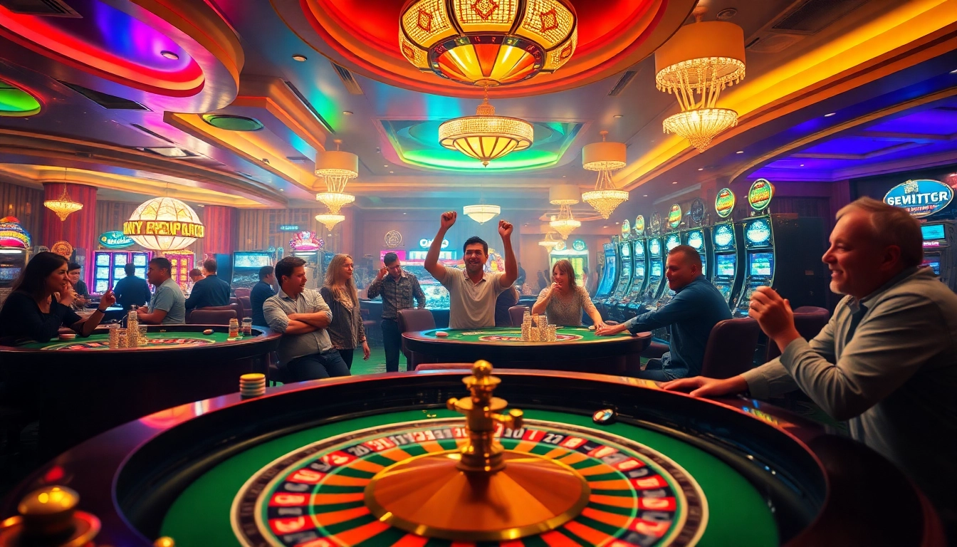 Exciting casino scene showcasing mm8 themed poker tables, lively players, and vibrant roulette wheels.