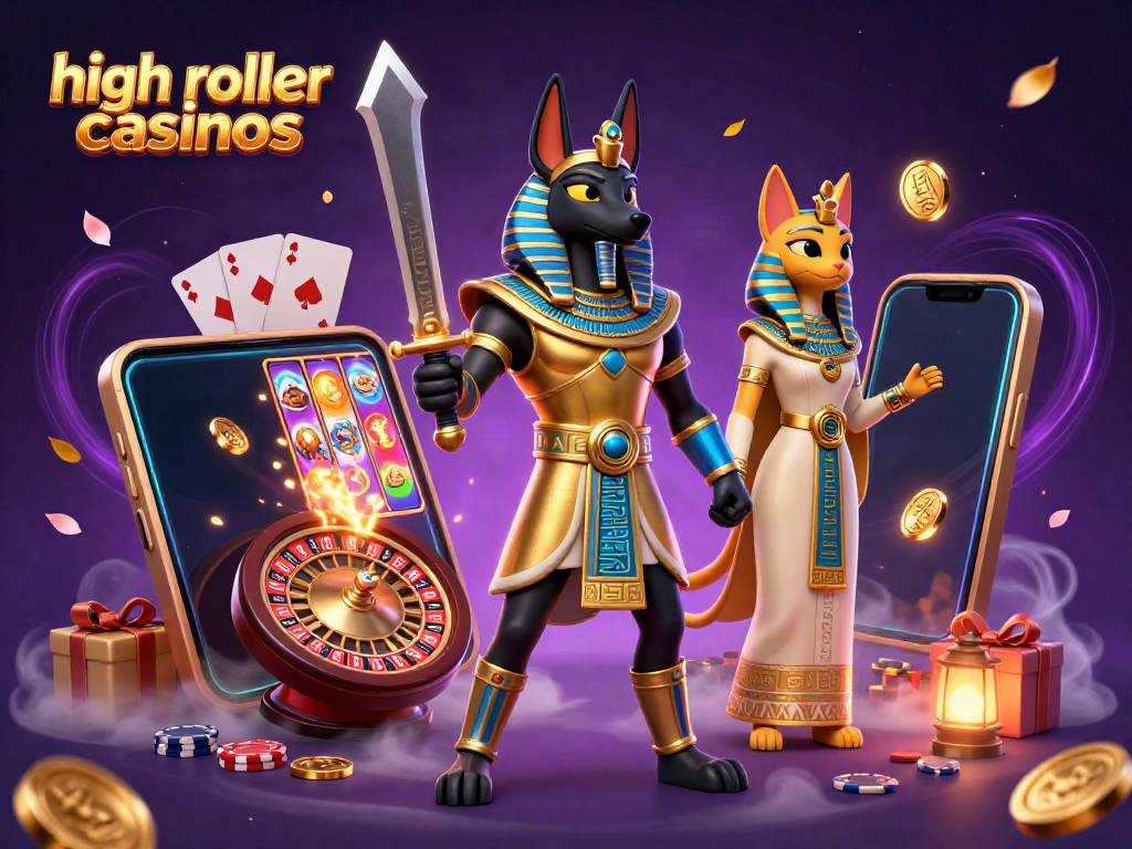 Engage in high roller casinos with an action-packed scene featuring Egyptian warriors, slot games, and golden coins.