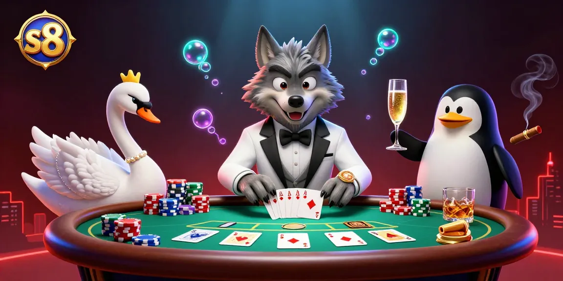 Experience exhilarating gaming at s8 with a debonair wolf, elegant swan, and penguin sommelier.